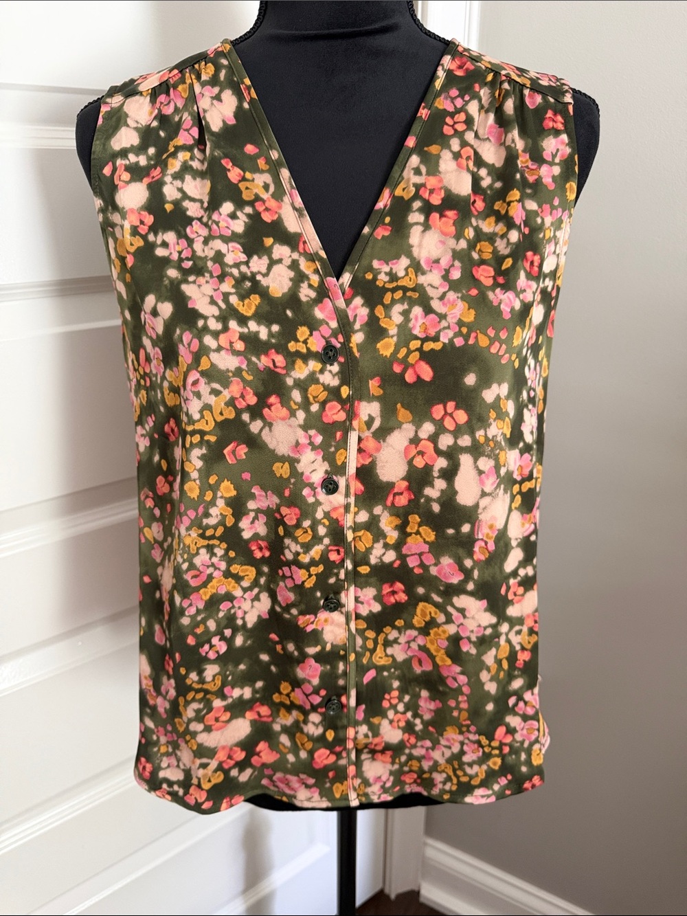 CAbi Olive Floral Sleeveless V-Neck Button Front Top